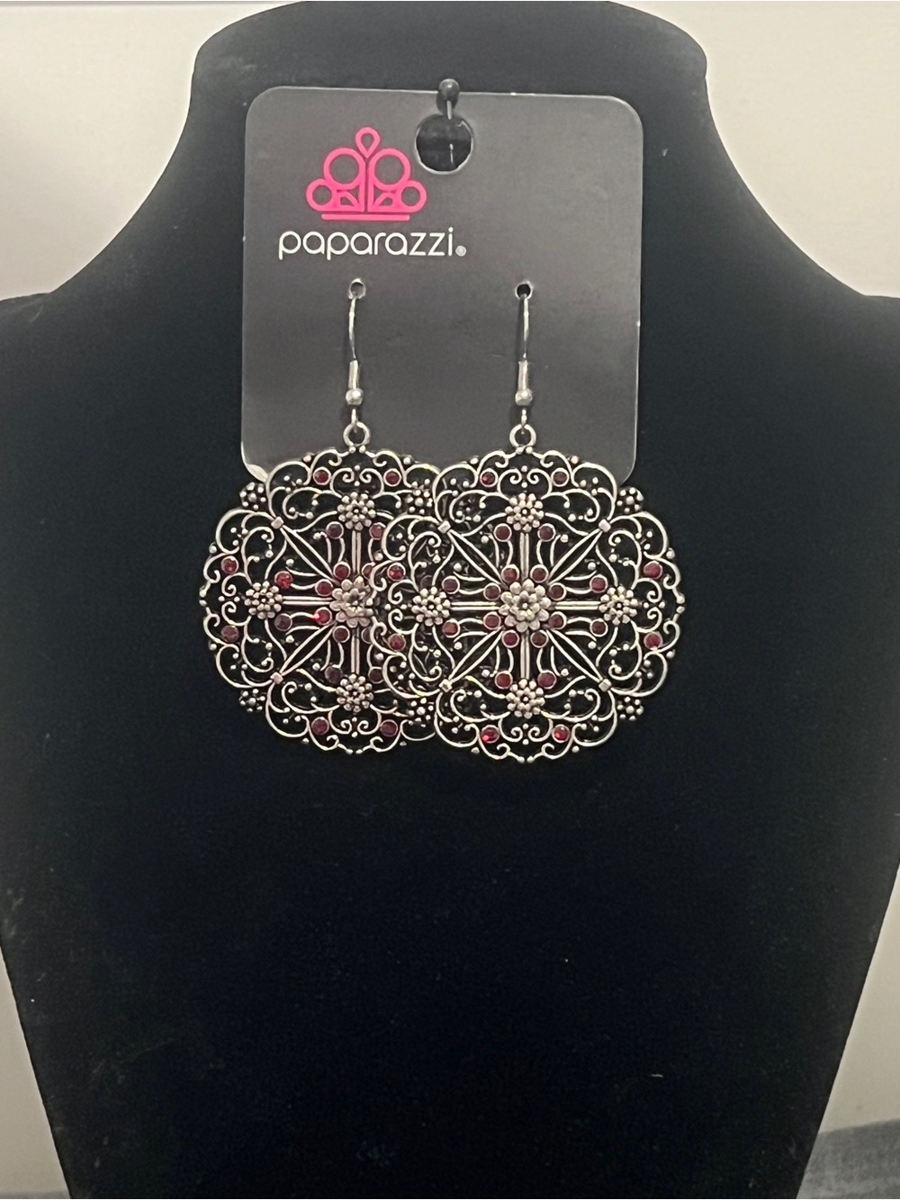 Paparazzi Silver Filigree Drop Earrings with Red Accents